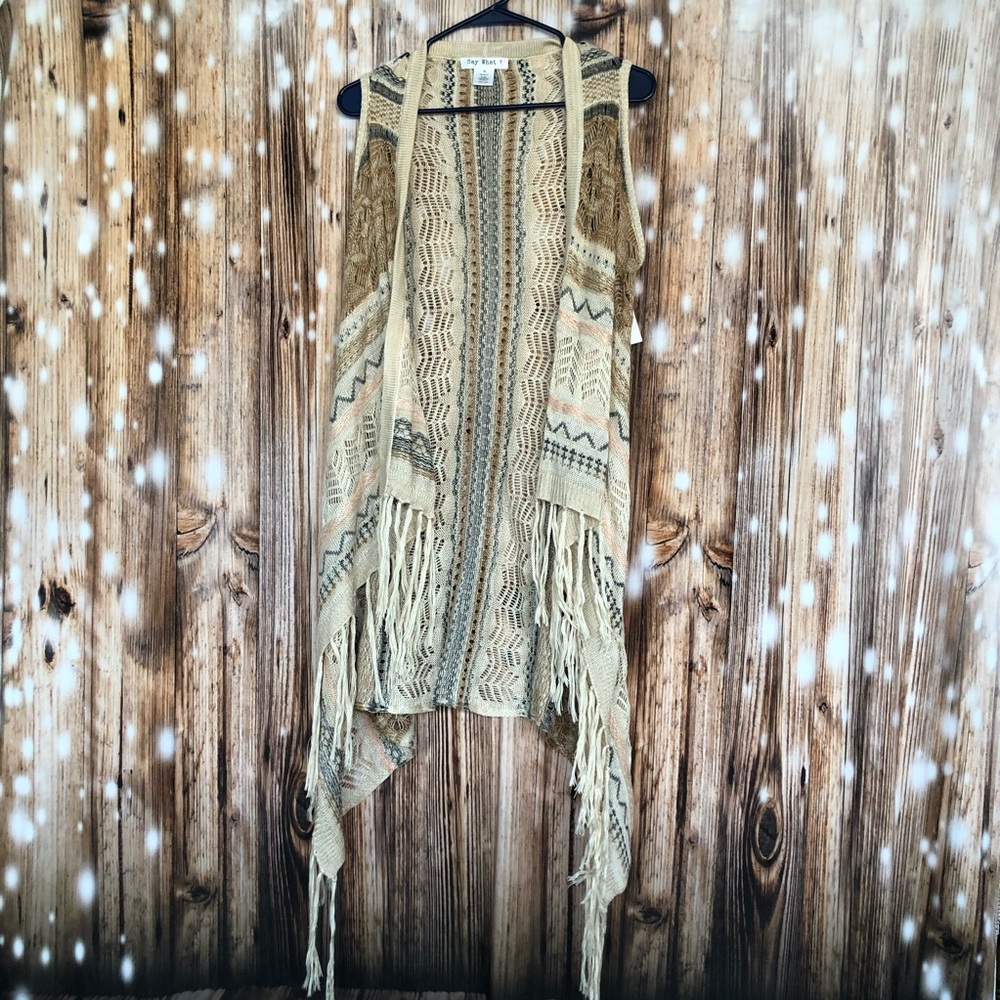 NWT Say What? Women's Long Open Front Fringe Sleeveless Cardigan